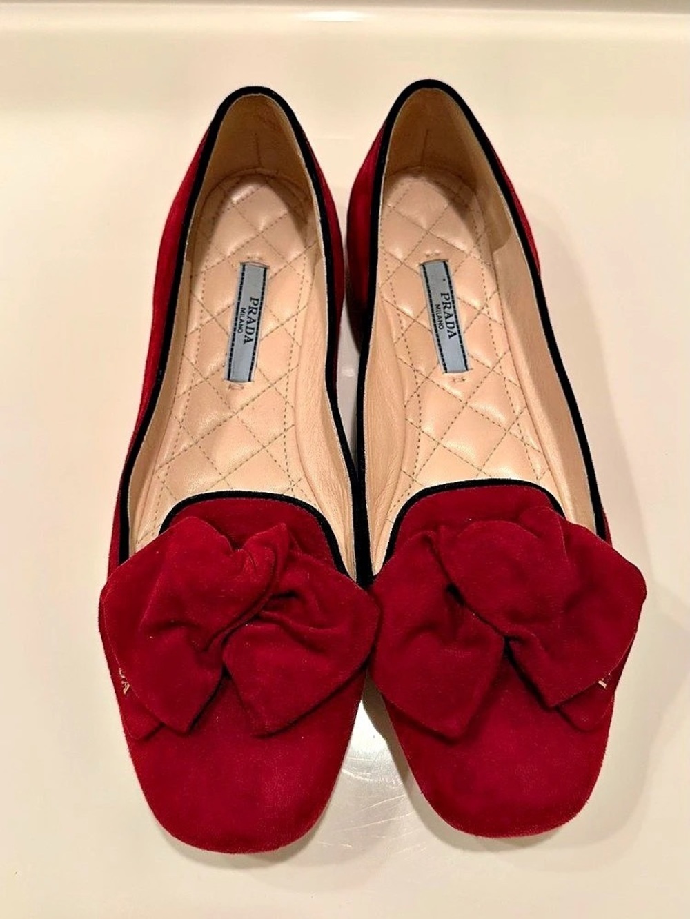 Prada Suede Bow Flats in Red